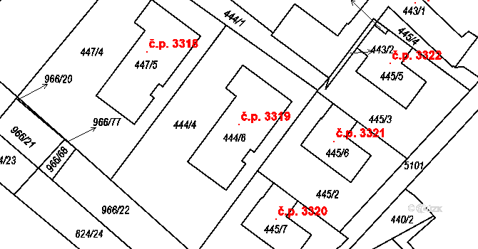 Milovice 3319 na parcele st. 444/8 v KÚ Milovice nad Labem, Katastrální mapa
