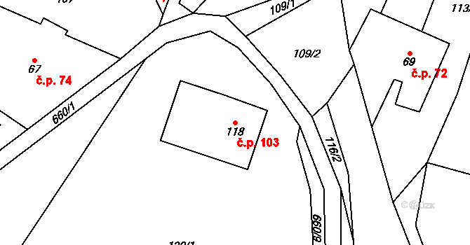 Jesenec 103 na parcele st. 118 v KÚ Jesenec, Katastrální mapa