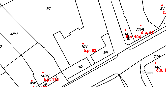 Vrbátky 83 na parcele st. 104 v KÚ Vrbátky, Katastrální mapa
