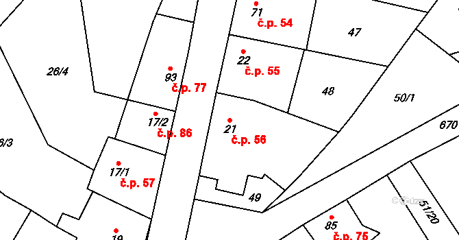 Skoky 56, Dolní Újezd na parcele st. 21 v KÚ Skoky u Staměřic, Katastrální mapa