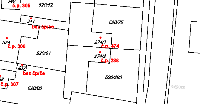 Jeneč 288 na parcele st. 274/2 v KÚ Jeneč u Prahy, Katastrální mapa