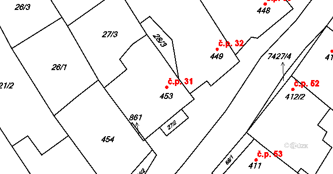 Dambořice 31 na parcele st. 453 v KÚ Dambořice, Katastrální mapa