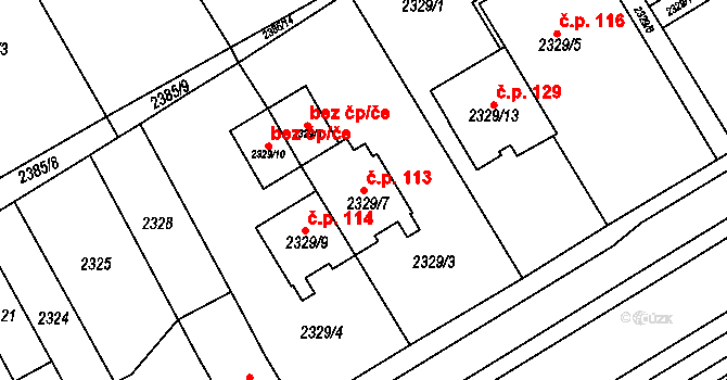Nouzka 113, Vyškov na parcele st. 2329/7 v KÚ Vyškov, Katastrální mapa