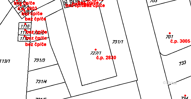 Kladno 2830 na parcele st. 727/1 v KÚ Kladno, Katastrální mapa