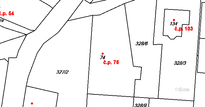 Doubek 75 na parcele st. 74 v KÚ Doubek, Katastrální mapa