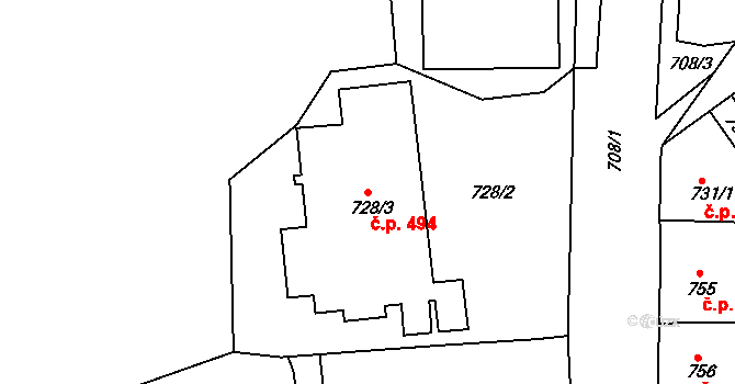 Novosedlice 494 na parcele st. 728/3 v KÚ Novosedlice, Katastrální mapa