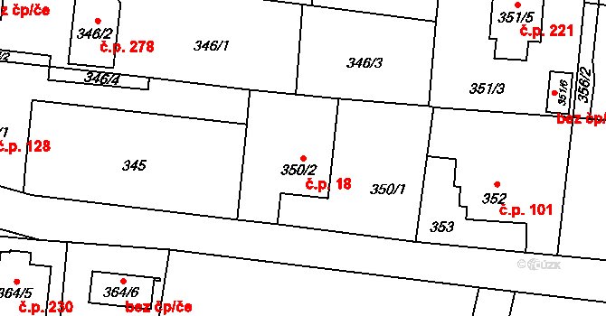 Chlebovice 18, Frýdek-Místek na parcele st. 350/2 v KÚ Chlebovice, Katastrální mapa
