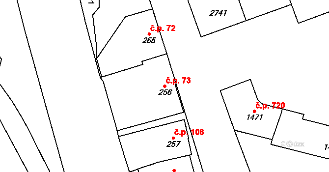 Nové Město 73, Rokycany na parcele st. 256 v KÚ Rokycany, Katastrální mapa