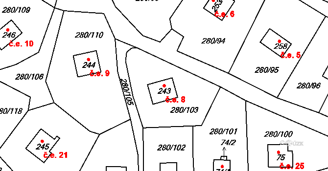 Skalka 8, Cheb na parcele st. 243 v KÚ Skalka u Chebu, Katastrální mapa