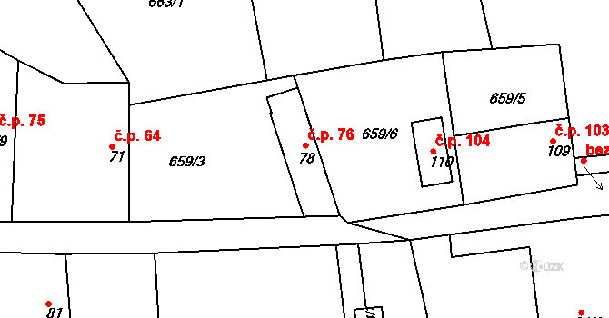 Obruby 76 na parcele st. 78 v KÚ Obruby, Katastrální mapa