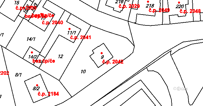 Komořany 2042, Praha na parcele st. 9 v KÚ Komořany, Katastrální mapa