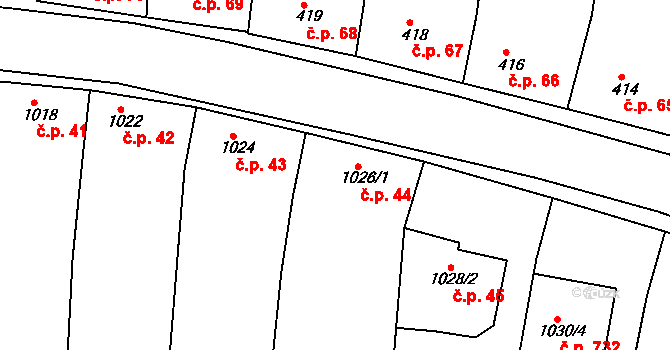 Blučina 44 na parcele st. 1026/1 v KÚ Blučina, Katastrální mapa