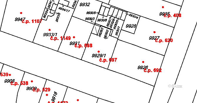 Jižní Předměstí 697, Plzeň na parcele st. 9929/1 v KÚ Plzeň, Katastrální mapa