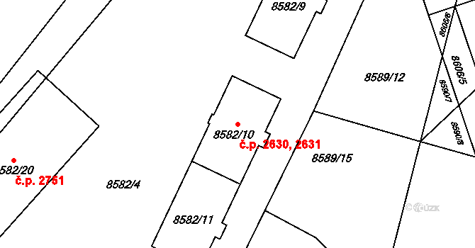Jižní Předměstí 2630,2631, Plzeň na parcele st. 8582/10 v KÚ Plzeň, Katastrální mapa