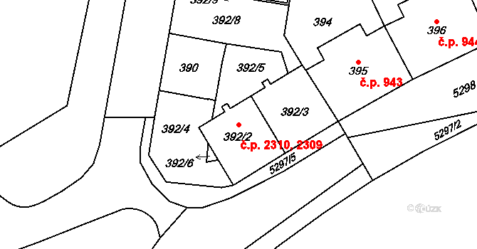 Východní Předměstí 2309,2310, Plzeň na parcele st. 392/2 v KÚ Plzeň, Katastrální mapa