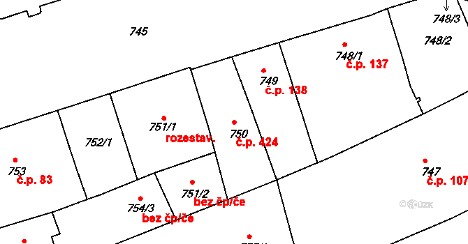Trnitá 424, Brno na parcele st. 750 v KÚ Trnitá, Katastrální mapa