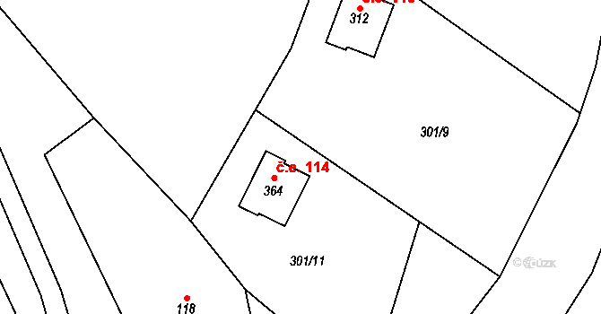 Zavlekov 114 na parcele st. 364 v KÚ Zavlekov, Katastrální mapa