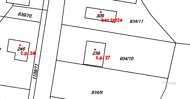 Chloumek 27, Újezd u Chocně na parcele st. 239 v KÚ Újezd u Chocně, Katastrální mapa