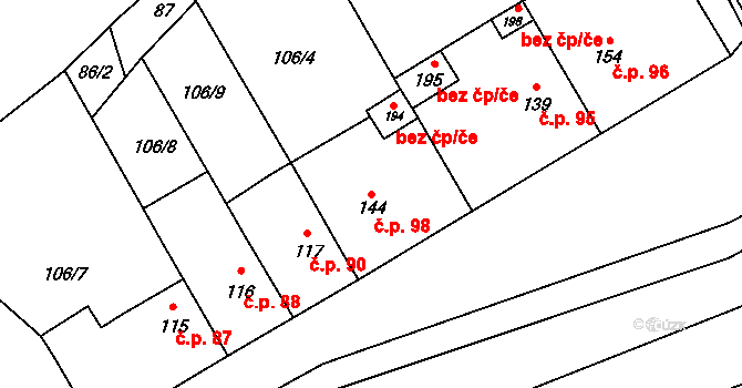 Kožichovice 98 na parcele st. 144 v KÚ Kožichovice, Katastrální mapa