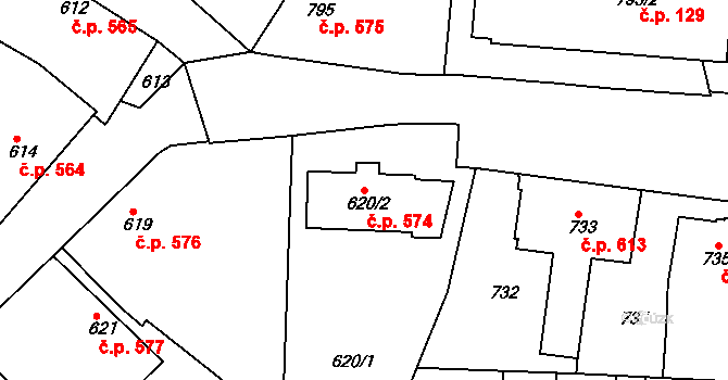 Jemnice 574 na parcele st. 620/2 v KÚ Jemnice, Katastrální mapa