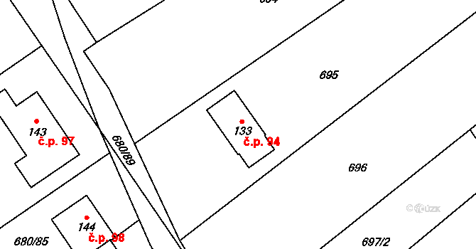 Křižínkov 94 na parcele st. 133 v KÚ Křižínkov, Katastrální mapa