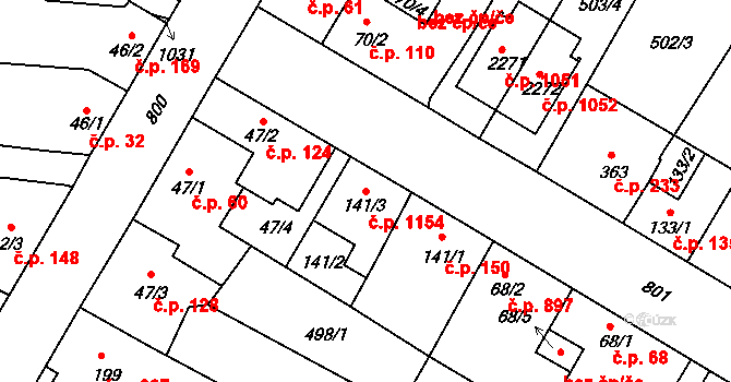 Sezimovo Ústí 1154 na parcele st. 141/3 v KÚ Sezimovo Ústí, Katastrální mapa