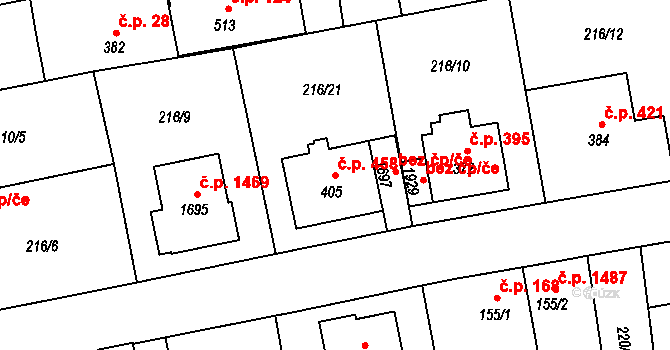 Hrabůvka 458, Ostrava na parcele st. 405 v KÚ Hrabůvka, Katastrální mapa