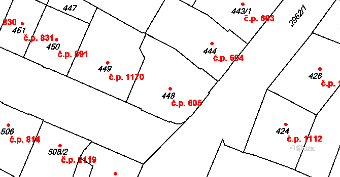 Předměstí 605, Opava na parcele st. 448 v KÚ Opava-Předměstí, Katastrální mapa