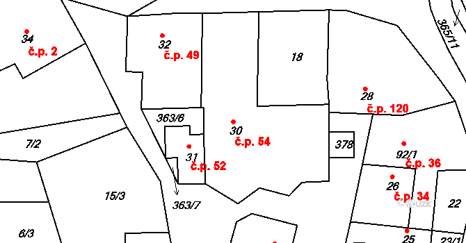 Hroubovice 54 na parcele st. 30 v KÚ Hroubovice, Katastrální mapa