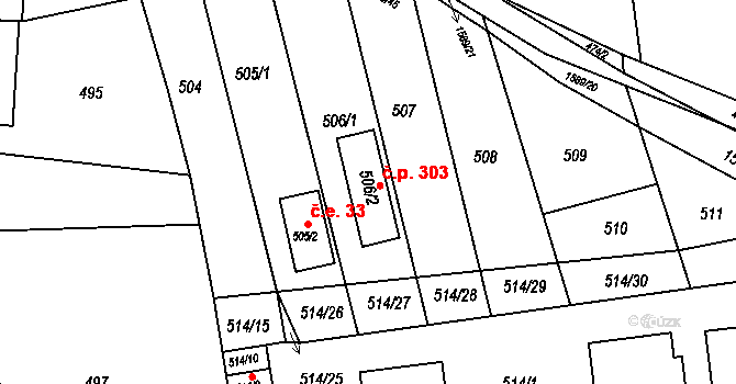 Pustiměřské Prusy 303, Pustiměř na parcele st. 506/2 v KÚ Pustiměř, Katastrální mapa