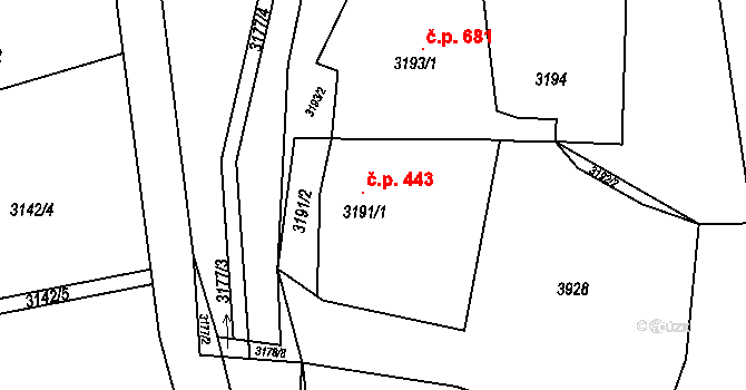 Buchlovice 443 na parcele st. 3191/1 v KÚ Buchlovice, Katastrální mapa