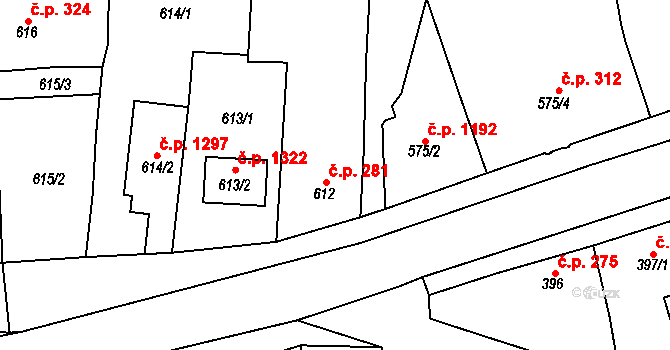 Nýřany 281 na parcele st. 612 v KÚ Nýřany, Katastrální mapa