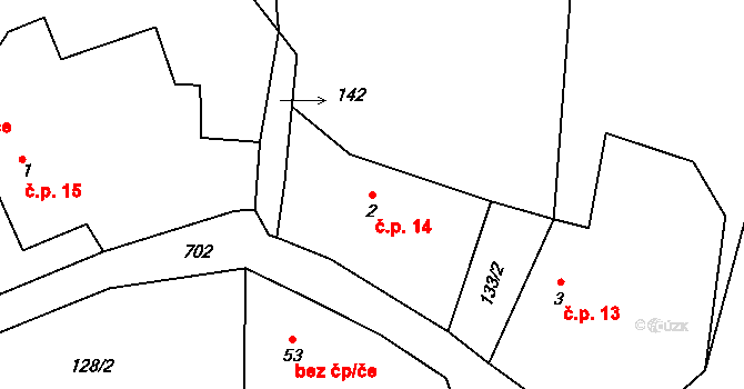 Křížovice 14, Plánice na parcele st. 2 v KÚ Křížovice u Číhaně, Katastrální mapa