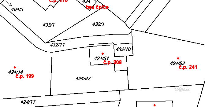 Hudcov 208, Teplice na parcele st. 424/51 v KÚ Hudcov, Katastrální mapa