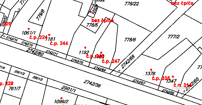 Bílé Předměstí 247, Pardubice na parcele st. 1183 v KÚ Pardubice, Katastrální mapa