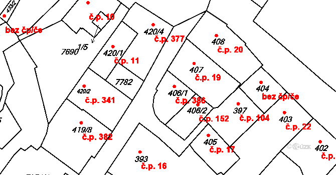 Telč-Podolí 386, Telč na parcele st. 406/1 v KÚ Telč, Katastrální mapa