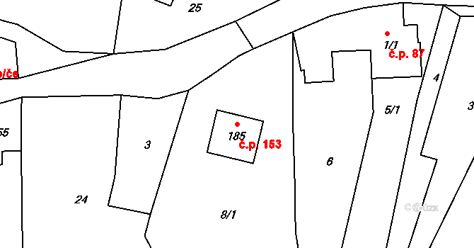 Líska 153, Česká Kamenice na parcele st. 185 v KÚ Líska, Katastrální mapa