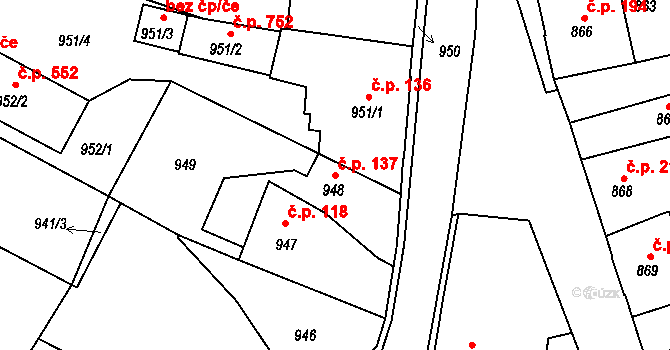 Kamenice nad Lipou 137 na parcele st. 948 v KÚ Kamenice nad Lipou, Katastrální mapa