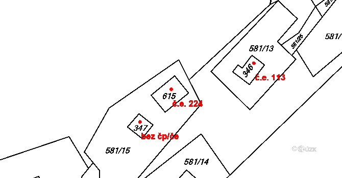 Bratronice 224 na parcele st. 615 v KÚ Bratronice u Kladna, Katastrální mapa