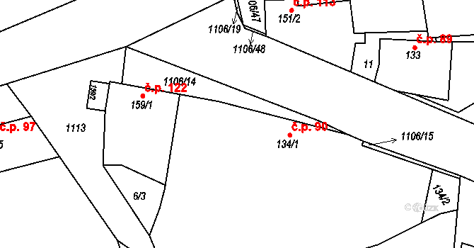 Černochov 90, Peruc na parcele st. 134/1 v KÚ Černochov, Katastrální mapa
