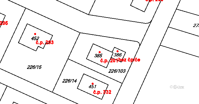 Písková Lhota 201 na parcele st. 385 v KÚ Písková Lhota, Katastrální mapa