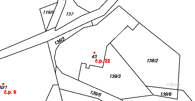Hlohov 22, Číhošť na parcele st. 43 v KÚ Hlohov, Katastrální mapa