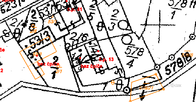 Rozsochatec 13 na parcele st. 14/1 v KÚ Rozsochatec, Katastrální mapa