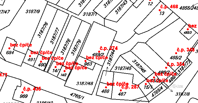Zaječí 274 na parcele st. 489/2 v KÚ Zaječí, Katastrální mapa