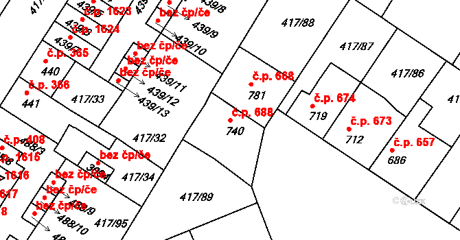 Bystřice pod Hostýnem 688 na parcele st. 740 v KÚ Bystřice pod Hostýnem, Katastrální mapa