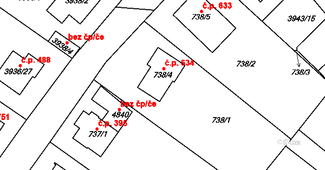 Žižkov 634, Kutná Hora na parcele st. 738/4 v KÚ Kutná Hora, Katastrální mapa