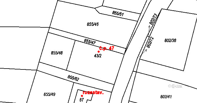 Kojšovice 47, Toužim na parcele st. 43/2 v KÚ Kojšovice, Katastrální mapa