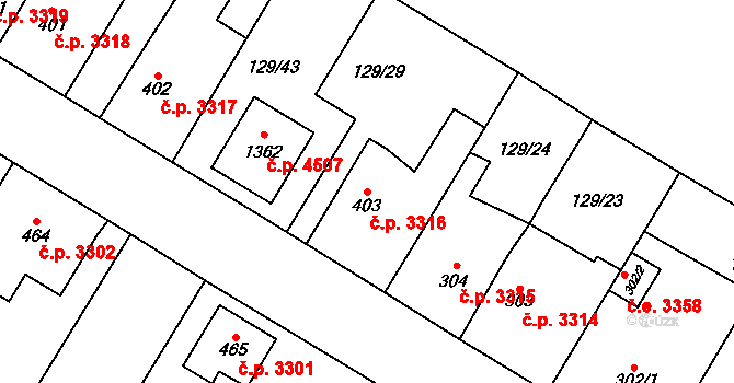 Jihlava 3316 na parcele st. 403 v KÚ Bedřichov u Jihlavy, Katastrální mapa