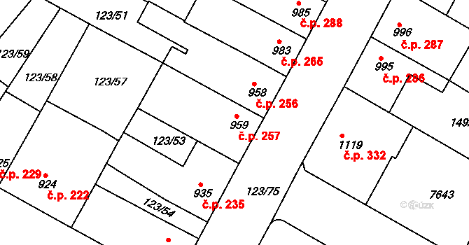 Telč-Štěpnice 257, Telč na parcele st. 959 v KÚ Telč, Katastrální mapa