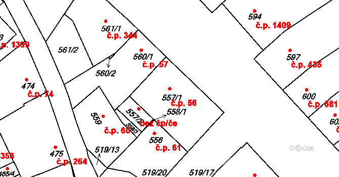 Ratíškovice 56 na parcele st. 557/1 v KÚ Ratíškovice, Katastrální mapa